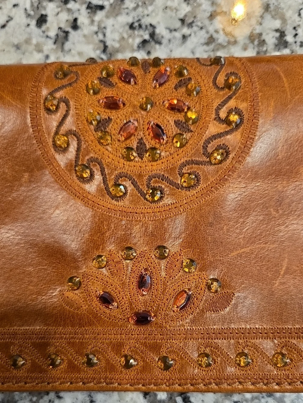 WILSON'S LEATHER VTG Y2K LEATHER COGNAC CLUTCH SHOULDER BAG.  EMBROIDERY/ GEMS.